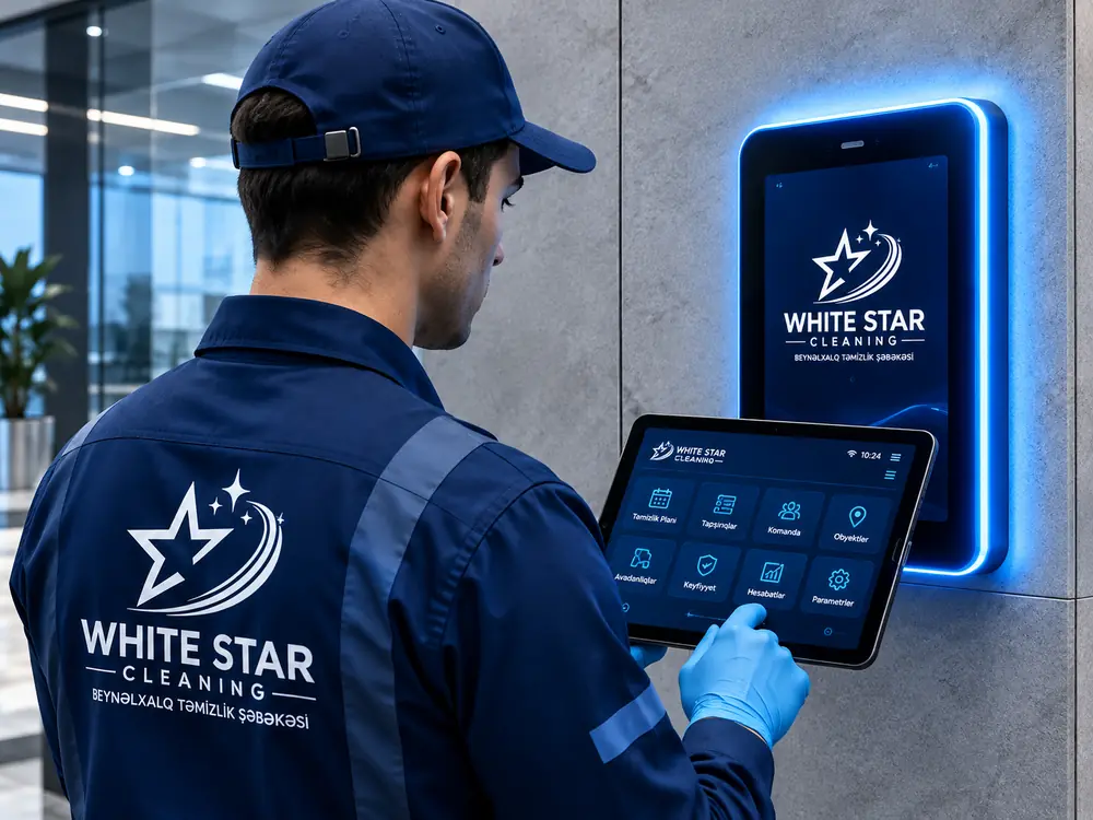 Сотрудник White Star Cleaning с планшетом и светящимся смарт-терминалом